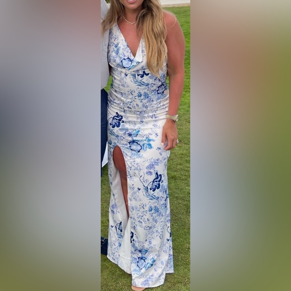 Floral Blue and White Skirt with Side Slit